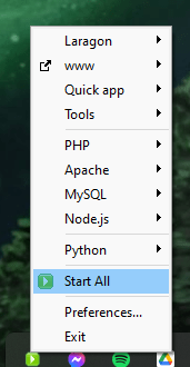 A screenshot of the Laragon menu