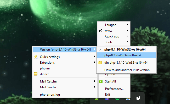 A screenshot showing the PHP version switcher in Laragon